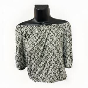 LOFT Olive Green Off Shoulder Elastic Hem Blouse White Print Women’s XS